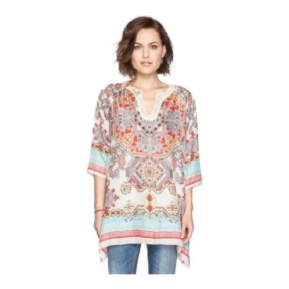 Johnny Was white red blue multicolor Alamo Silk Indian Print Tunic blouse S - Picture 4 of 8